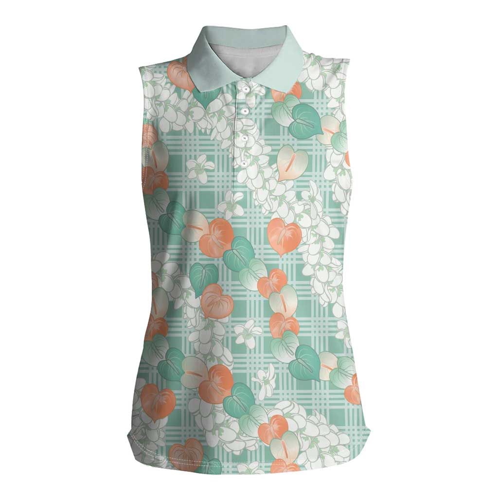 Anthurium Plumeria Lei Pastel Women Sleeveless Polo Shirt Teal Hawaiian Splendid Palaka LT01 Female Teal - Polynesian Pride