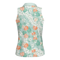 Anthurium Plumeria Lei Pastel Women Sleeveless Polo Shirt Teal Hawaiian Splendid Palaka LT01 - Polynesian Pride