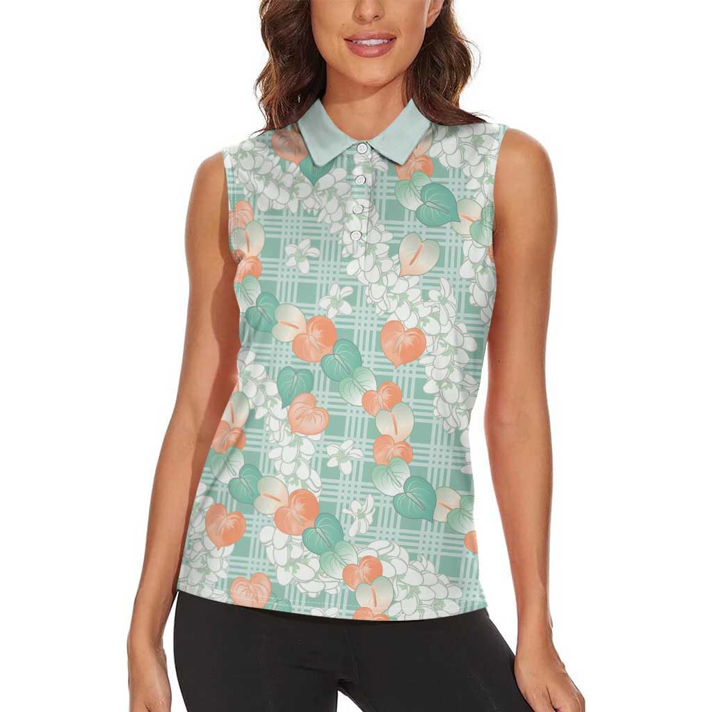 Anthurium Plumeria Lei Pastel Women Sleeveless Polo Shirt Teal Hawaiian Splendid Palaka LT01 - Polynesian Pride