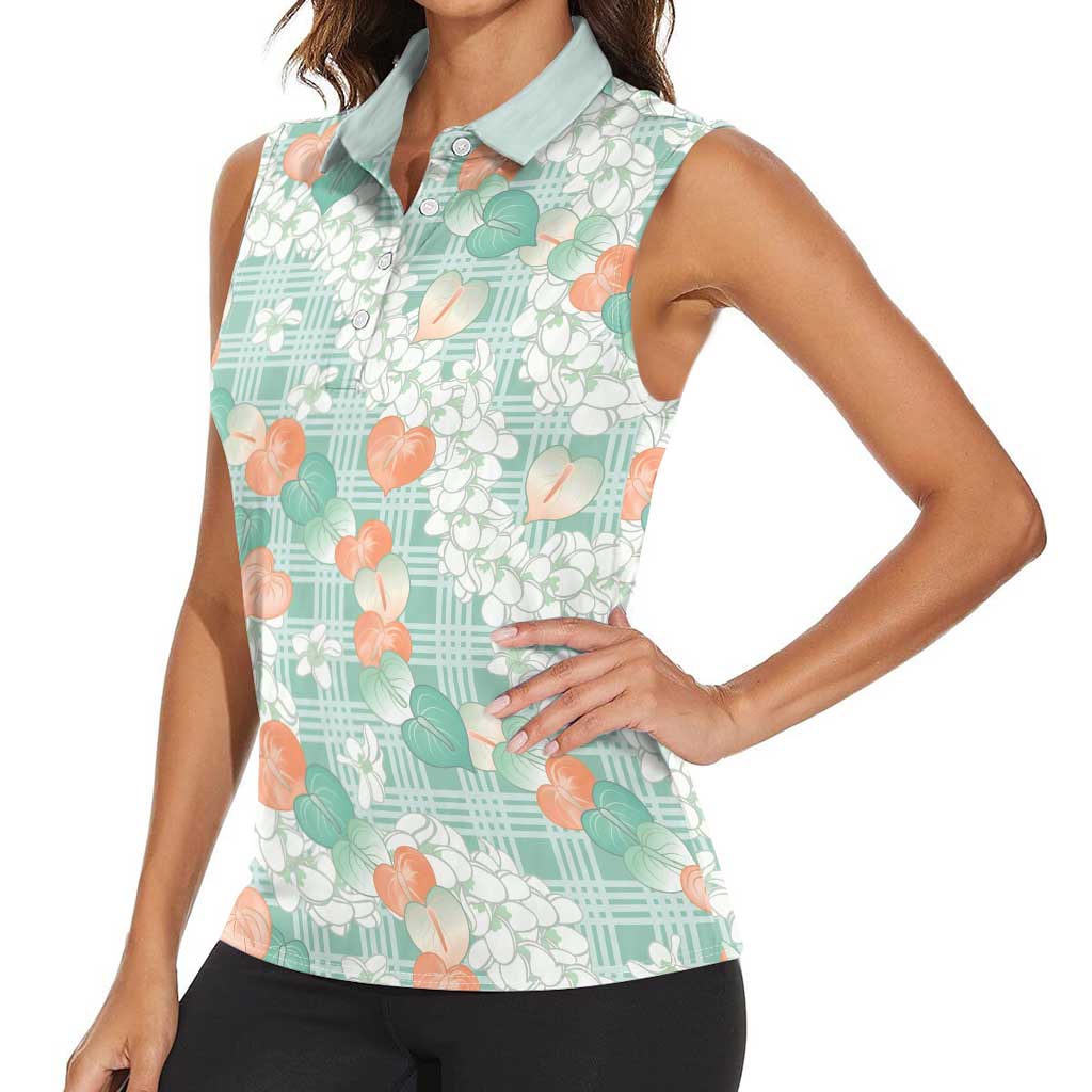 Anthurium Plumeria Lei Pastel Women Sleeveless Polo Shirt Teal Hawaiian Splendid Palaka LT01 - Polynesian Pride