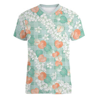 Anthurium Plumeria Lei Pastel Women V-Neck T-Shirt Teal Hawaiian Splendid Palaka LT01 Female Teal - Polynesian Pride