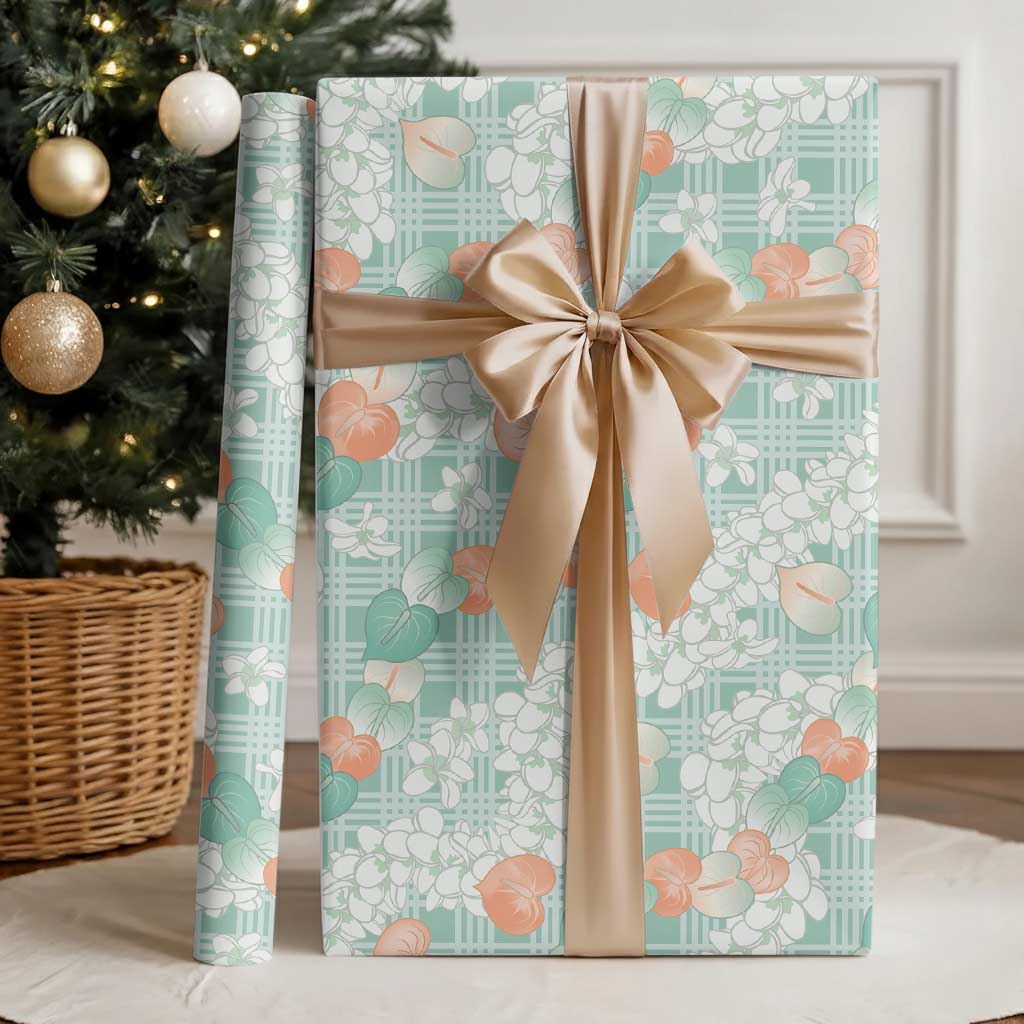 Anthurium Plumeria Lei Pastel Wrapping Paper Teal Hawaiian Splendid Palaka