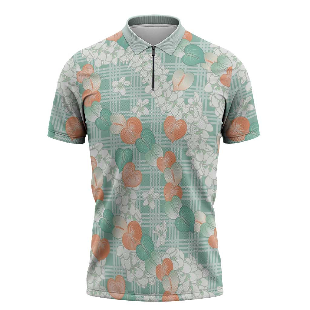 Anthurium Plumeria Lei Pastel Zipper Polo Shirt Teal Hawaiian Splendid Palaka