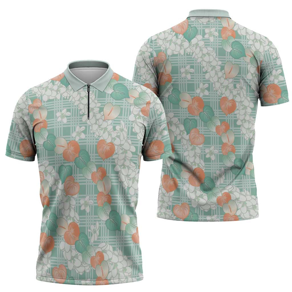 Anthurium Plumeria Lei Pastel Zipper Polo Shirt Teal Hawaiian Splendid Palaka