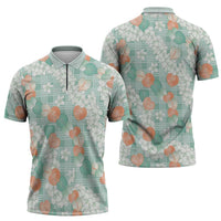 Anthurium Plumeria Lei Pastel Zipper Polo Shirt Teal Hawaiian Splendid Palaka
