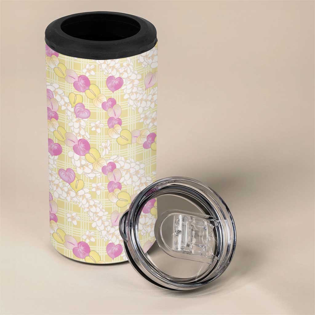 Anthurium Plumeria Lei Pastel 4 in 1 Can Cooler Tumbler Yellow Hawaiian Splendid Palaka