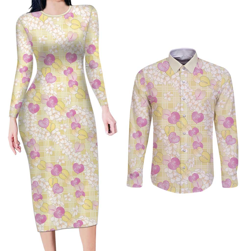 Anthurium Plumeria Lei Pastel Couples Matching Long Sleeve Bodycon Dress and Long Sleeve Button Shirt Yellow Hawaiian Splendid Palaka LT01 Yellow - Polynesian Pride