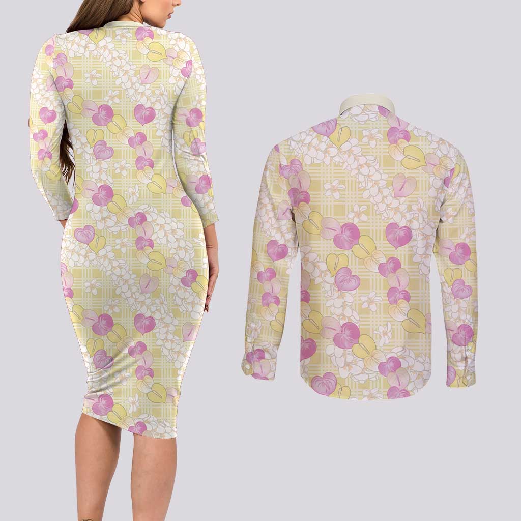 Anthurium Plumeria Lei Pastel Couples Matching Long Sleeve Bodycon Dress and Long Sleeve Button Shirt Yellow Hawaiian Splendid Palaka LT01 - Polynesian Pride