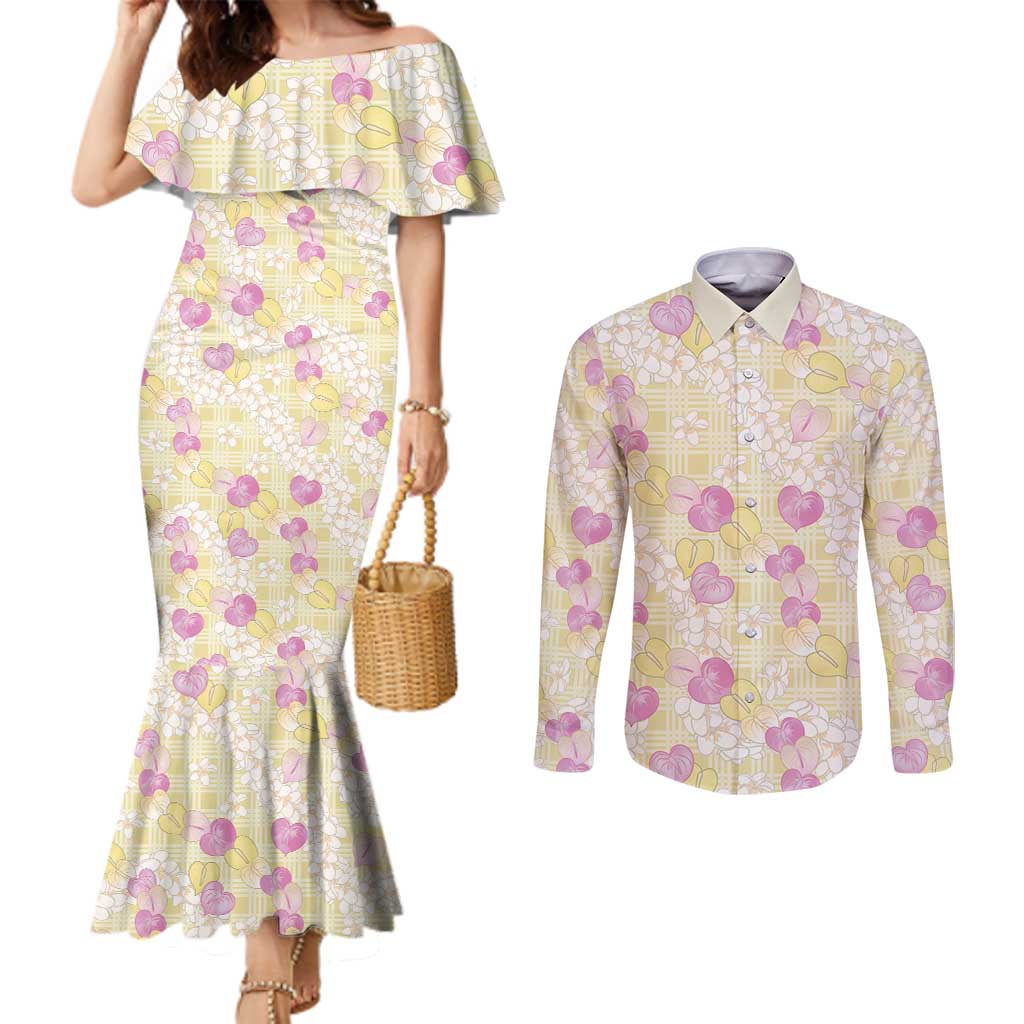 Anthurium Plumeria Lei Pastel Couples Matching Mermaid Dress and Long Sleeve Button Shirt Yellow Hawaiian Splendid Palaka LT01 Yellow - Polynesian Pride