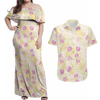 Anthurium Plumeria Lei Pastel Couples Matching Off Shoulder Maxi Dress and Hawaiian Shirt Yellow Hawaiian Splendid Palaka LT01 Yellow - Polynesian Pride