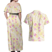 Anthurium Plumeria Lei Pastel Couples Matching Off Shoulder Maxi Dress and Hawaiian Shirt Yellow Hawaiian Splendid Palaka LT01 - Polynesian Pride