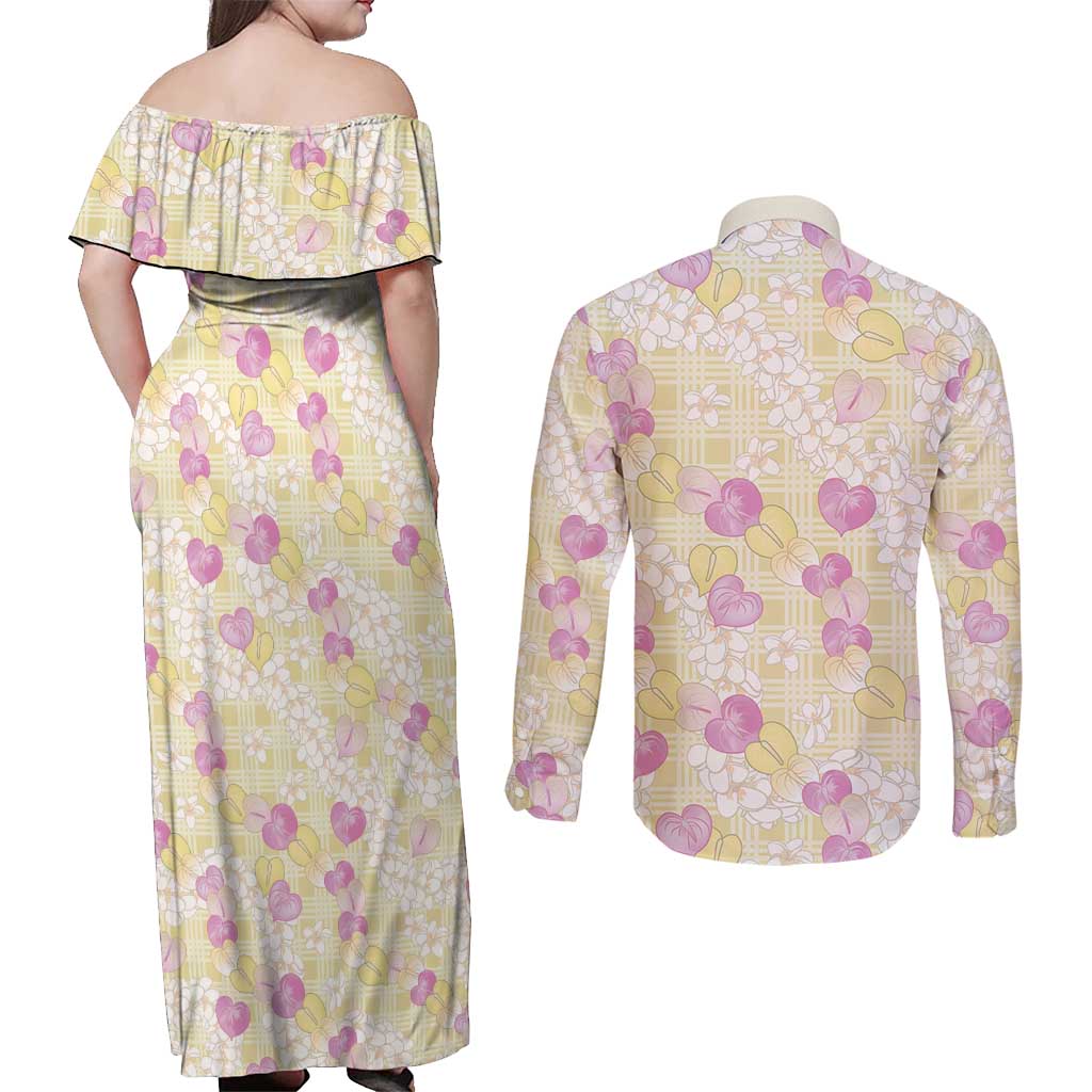 Anthurium Plumeria Lei Pastel Couples Matching Off Shoulder Maxi Dress and Long Sleeve Button Shirt Yellow Hawaiian Splendid Palaka LT01 - Polynesian Pride
