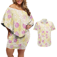 Anthurium Plumeria Lei Pastel Couples Matching Off Shoulder Short Dress and Hawaiian Shirt Yellow Hawaiian Splendid Palaka LT01 Yellow - Polynesian Pride