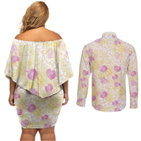 Anthurium Plumeria Lei Pastel Couples Matching Off Shoulder Short Dress and Long Sleeve Button Shirt Yellow Hawaiian Splendid Palaka LT01 - Polynesian Pride