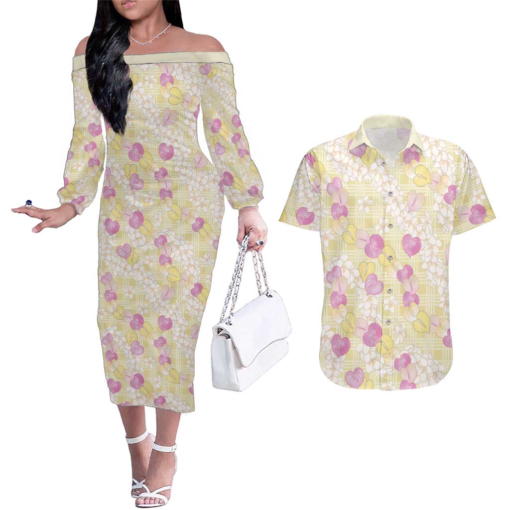Anthurium Plumeria Lei Pastel Couples Matching Off The Shoulder Long Sleeve Dress and Hawaiian Shirt Yellow Hawaiian Splendid Palaka LT01 Yellow - Polynesian Pride