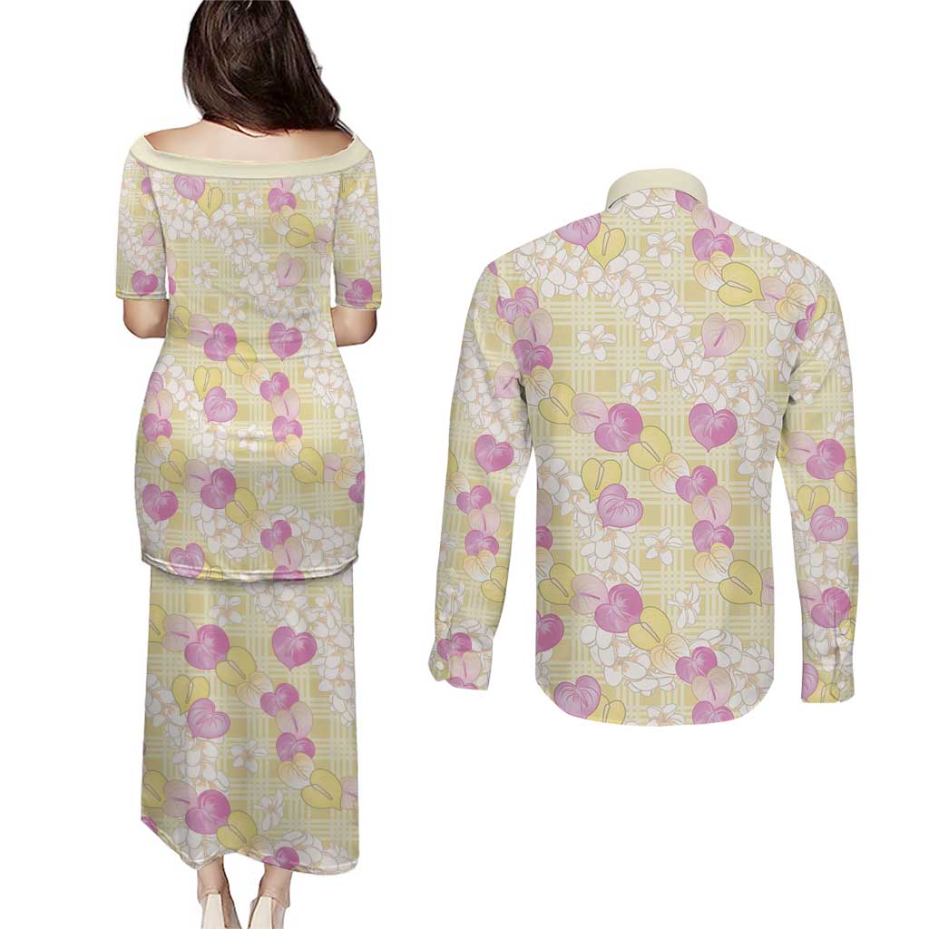 Anthurium Plumeria Lei Pastel Couples Matching Puletasi and Long Sleeve Button Shirt Yellow Hawaiian Splendid Palaka