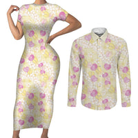 Anthurium Plumeria Lei Pastel Couples Matching Short Sleeve Bodycon Dress and Long Sleeve Button Shirt Yellow Hawaiian Splendid Palaka LT01 Yellow - Polynesian Pride