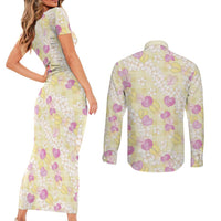 Anthurium Plumeria Lei Pastel Couples Matching Short Sleeve Bodycon Dress and Long Sleeve Button Shirt Yellow Hawaiian Splendid Palaka LT01 - Polynesian Pride