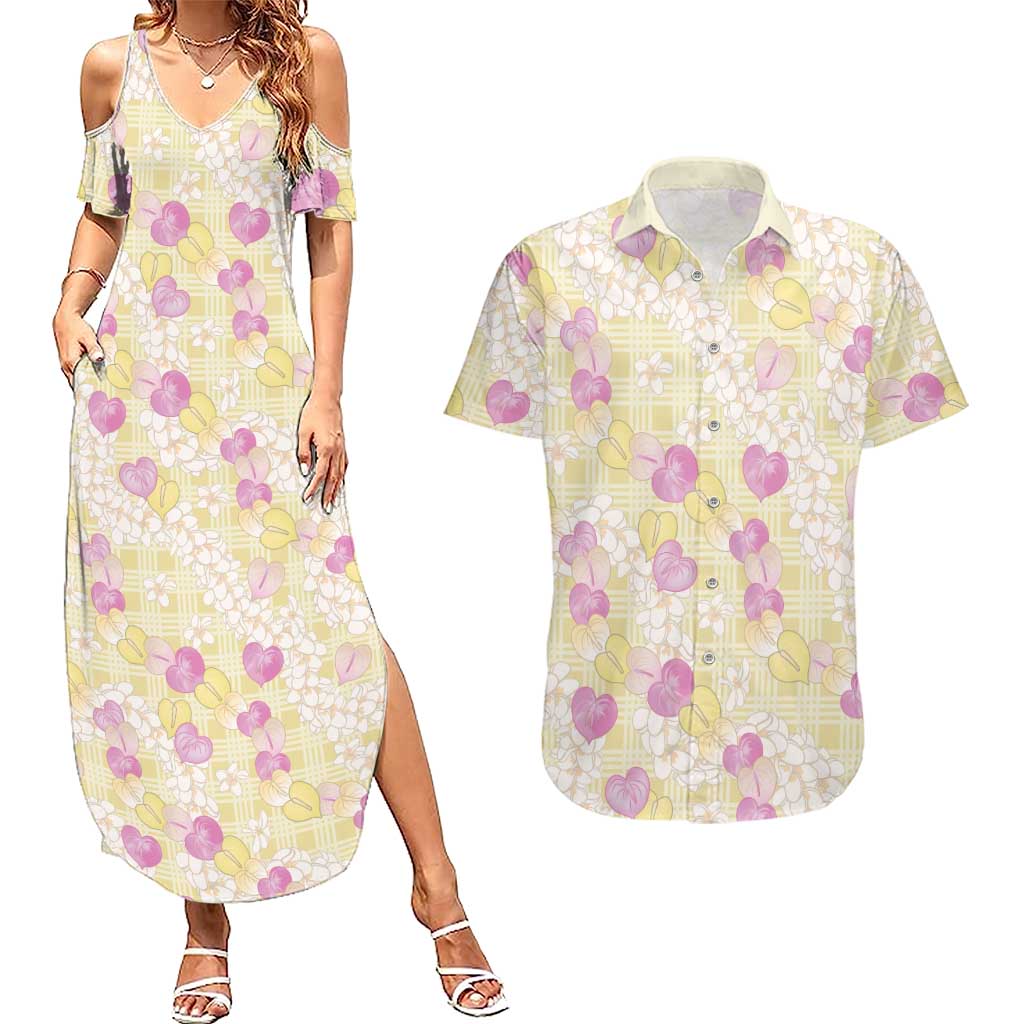 Anthurium Plumeria Lei Pastel Couples Matching Summer Maxi Dress and Hawaiian Shirt Yellow Hawaiian Splendid Palaka