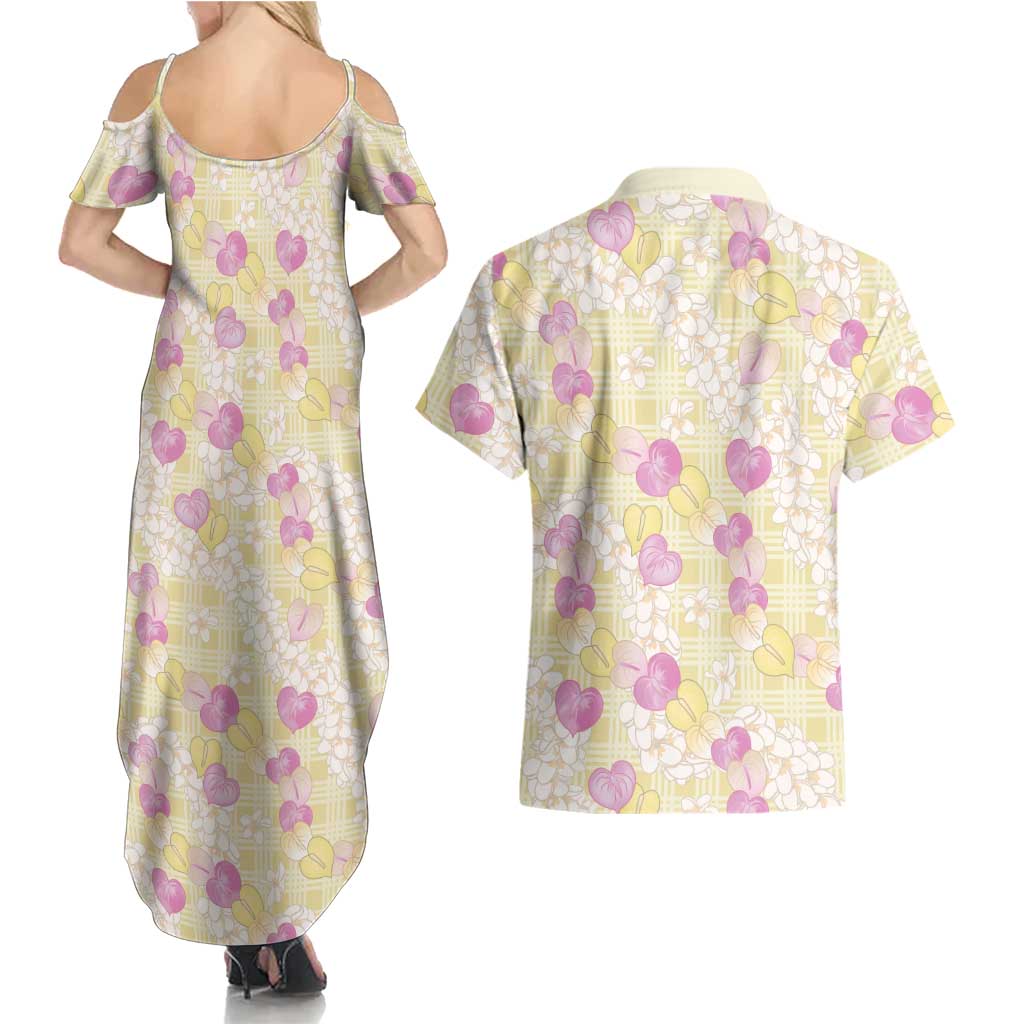 Anthurium Plumeria Lei Pastel Couples Matching Summer Maxi Dress and Hawaiian Shirt Yellow Hawaiian Splendid Palaka LT01 - Polynesian Pride
