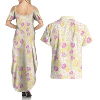 Anthurium Plumeria Lei Pastel Couples Matching Summer Maxi Dress and Hawaiian Shirt Yellow Hawaiian Splendid Palaka LT01 - Polynesian Pride