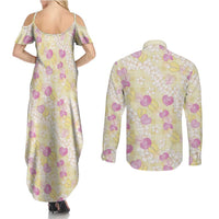 Anthurium Plumeria Lei Pastel Couples Matching Summer Maxi Dress and Long Sleeve Button Shirt Yellow Hawaiian Splendid Palaka LT01 - Polynesian Pride