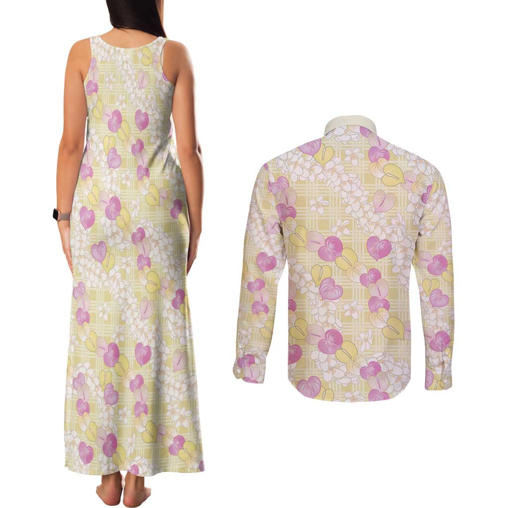 Anthurium Plumeria Lei Pastel Couples Matching Tank Maxi Dress and Long Sleeve Button Shirt Yellow Hawaiian Splendid Palaka LT01 - Polynesian Pride
