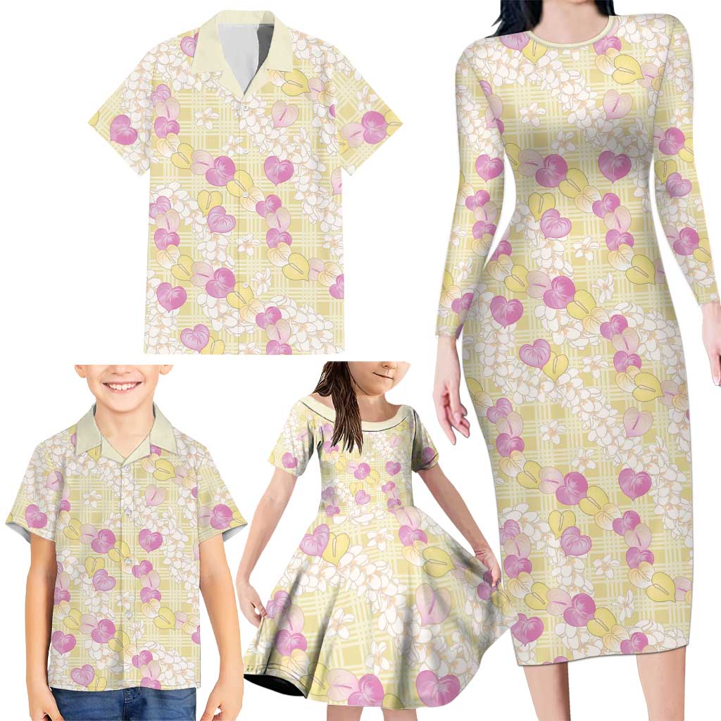 Anthurium Plumeria Lei Pastel Family Matching Long Sleeve Bodycon Dress and Hawaiian Shirt Yellow Hawaiian Splendid Palaka LT01 - Polynesian Pride