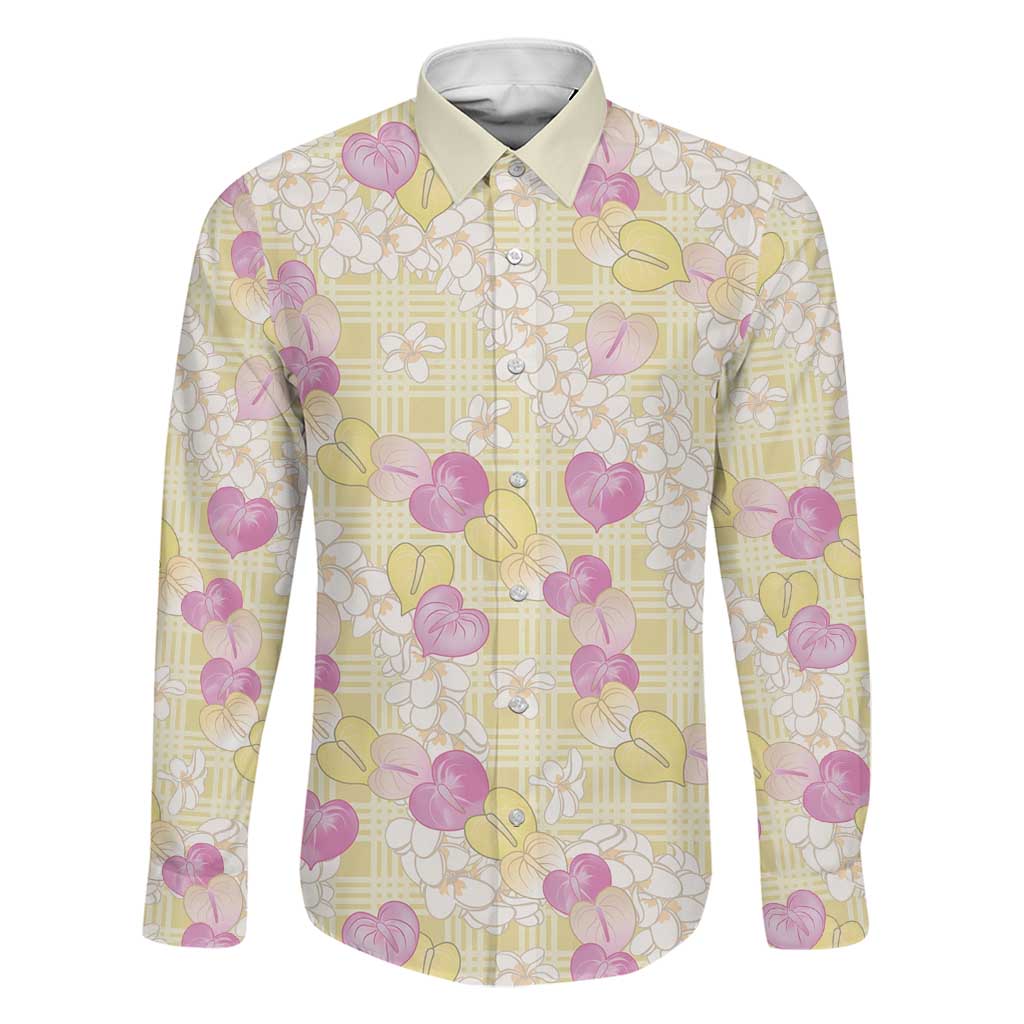 Anthurium Plumeria Lei Pastel Family Matching Mermaid Dress and Hawaiian Shirt Yellow Hawaiian Splendid Palaka LT01 Dad's Shirt - Long Sleeve Yellow - Polynesian Pride