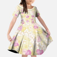 Anthurium Plumeria Lei Pastel Family Matching Off The Shoulder Long Sleeve Dress and Hawaiian Shirt Yellow Hawaiian Splendid Palaka LT01 Daughter's Dress Yellow - Polynesian Pride
