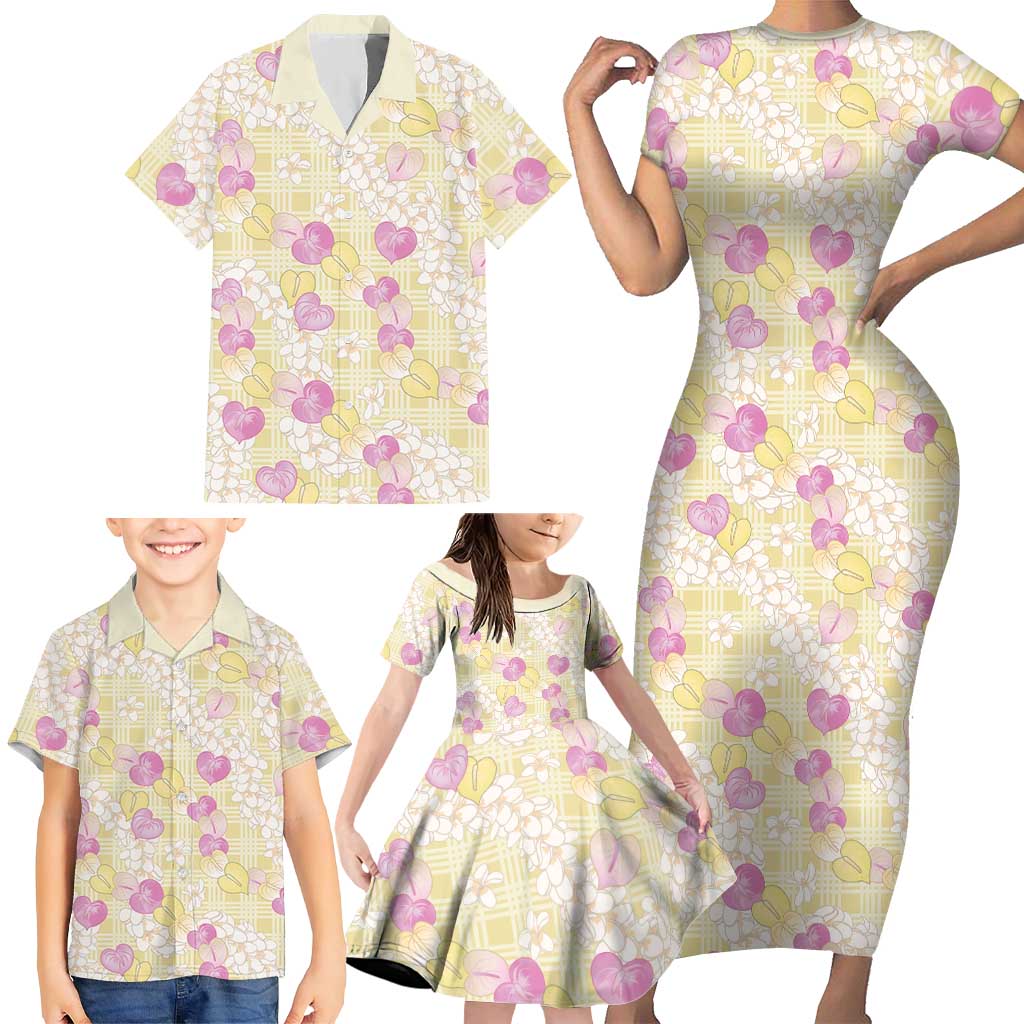Anthurium Plumeria Lei Pastel Family Matching Short Sleeve Bodycon Dress and Hawaiian Shirt Yellow Hawaiian Splendid Palaka LT01 - Polynesian Pride