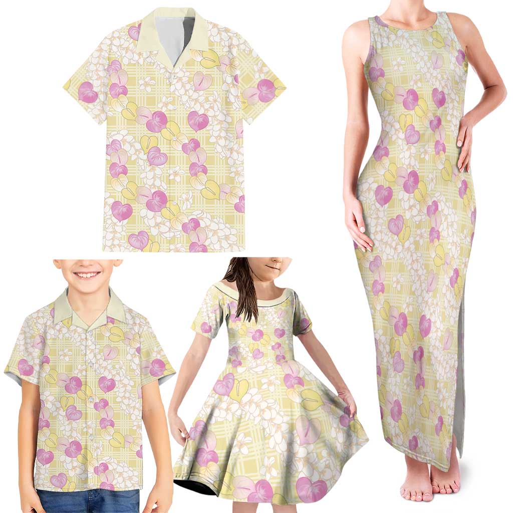Anthurium Plumeria Lei Pastel Family Matching Tank Maxi Dress and Hawaiian Shirt Yellow Hawaiian Splendid Palaka