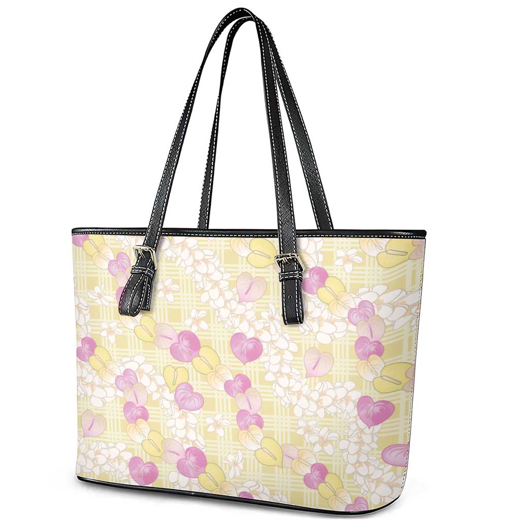 Anthurium Plumeria Lei Pastel Leather Tote Bag Yellow Hawaiian Splendid Palaka