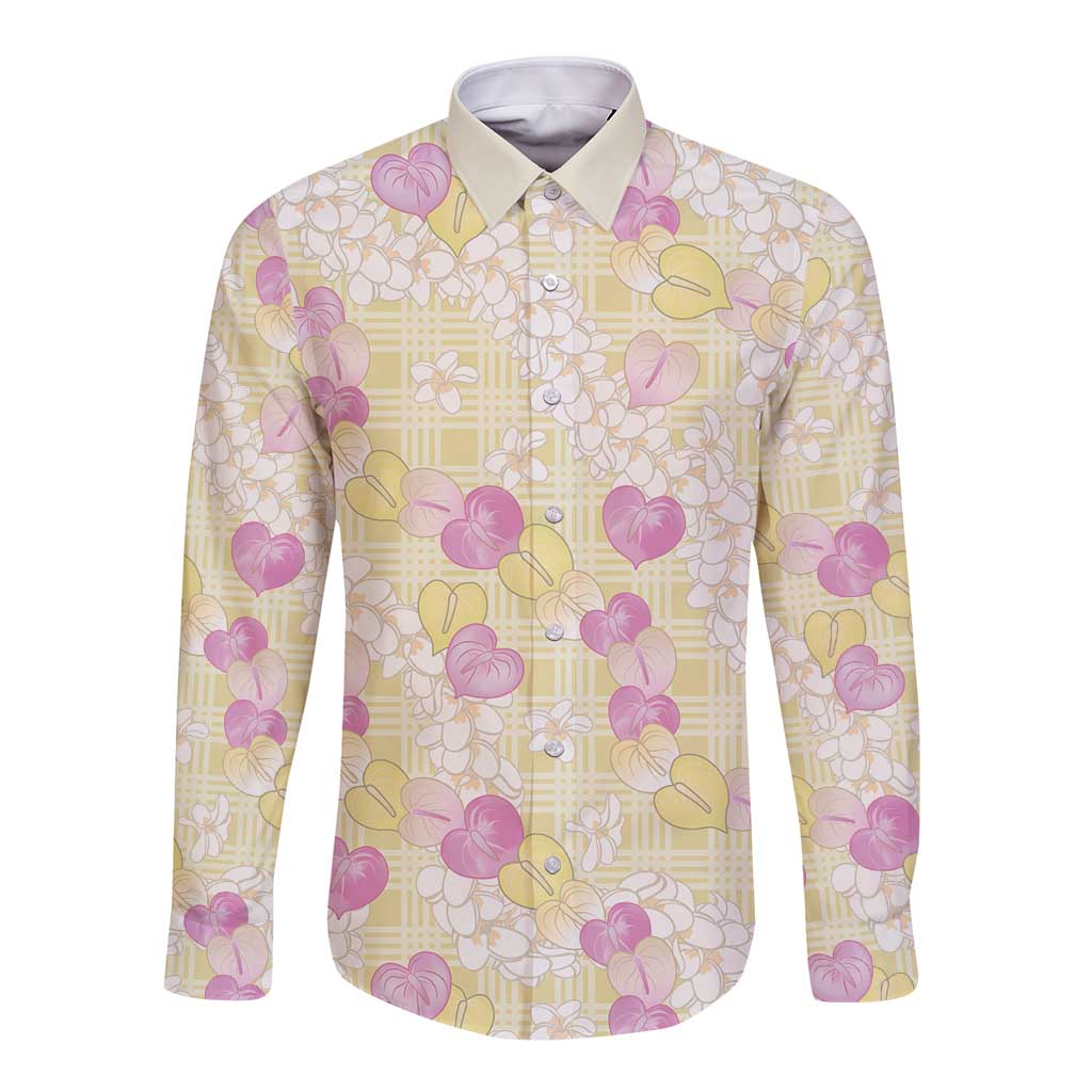 Anthurium Plumeria Lei Pastel Long Sleeve Button Shirt Yellow Hawaiian Splendid Palaka