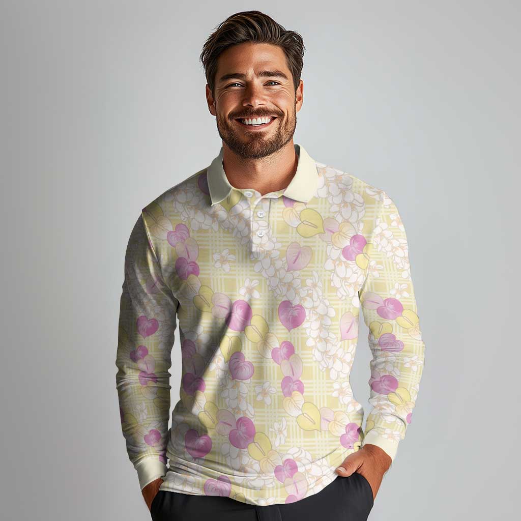 Anthurium Plumeria Lei Pastel Long Sleeve Polo Shirt Yellow Hawaiian Splendid Palaka