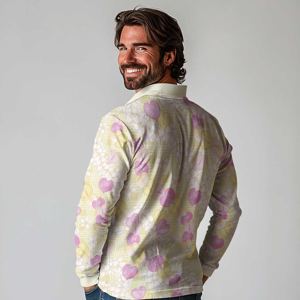 Anthurium Plumeria Lei Pastel Long Sleeve Polo Shirt Yellow Hawaiian Splendid Palaka