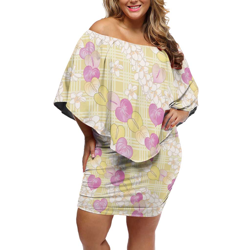 Anthurium Plumeria Lei Pastel Off Shoulder Short Dress Yellow Hawaiian Splendid Palaka LT01 Women Yellow - Polynesian Pride