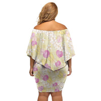 Anthurium Plumeria Lei Pastel Off Shoulder Short Dress Yellow Hawaiian Splendid Palaka LT01 - Polynesian Pride