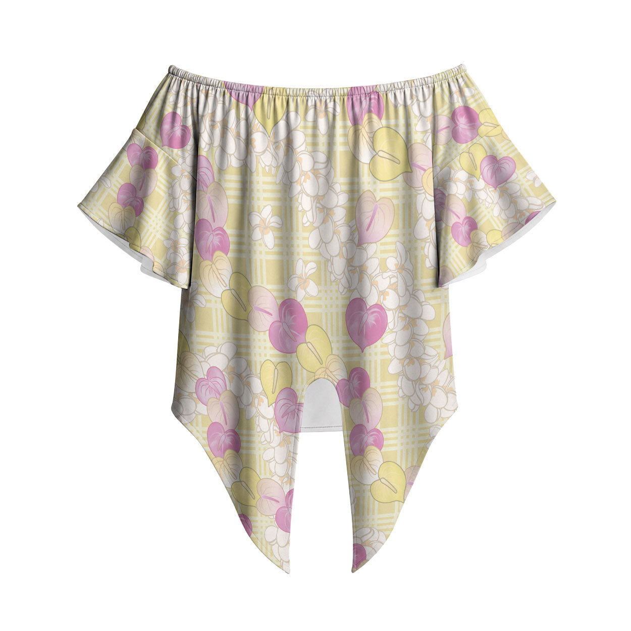 Anthurium Plumeria Lei Pastel Off Shoulder Wrap Waist Top Yellow Hawaiian Splendid Palaka LT01 Yellow - Polynesian Pride