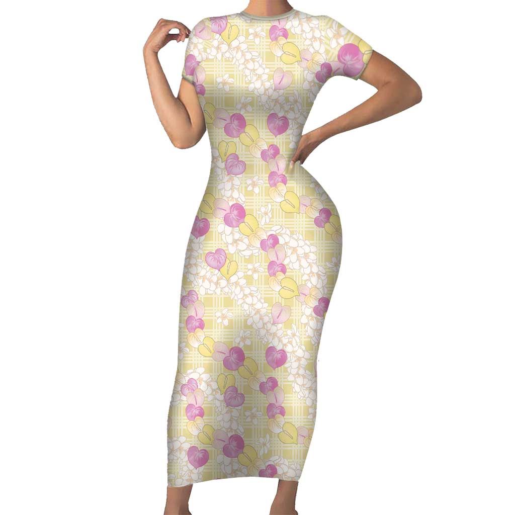 Anthurium Plumeria Lei Pastel Short Sleeve Bodycon Dress Yellow Hawaiian Splendid Palaka