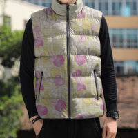 Anthurium Plumeria Lei Pastel Sleeveless Puffer Jacket Yellow Hawaiian Splendid Palaka