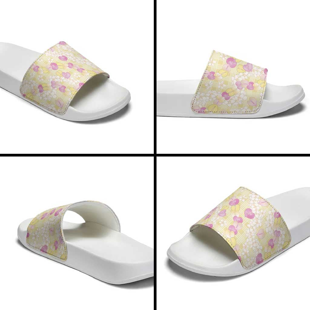 Anthurium Plumeria Lei Pastel Slide Sandals Yellow Hawaiian Splendid Palaka