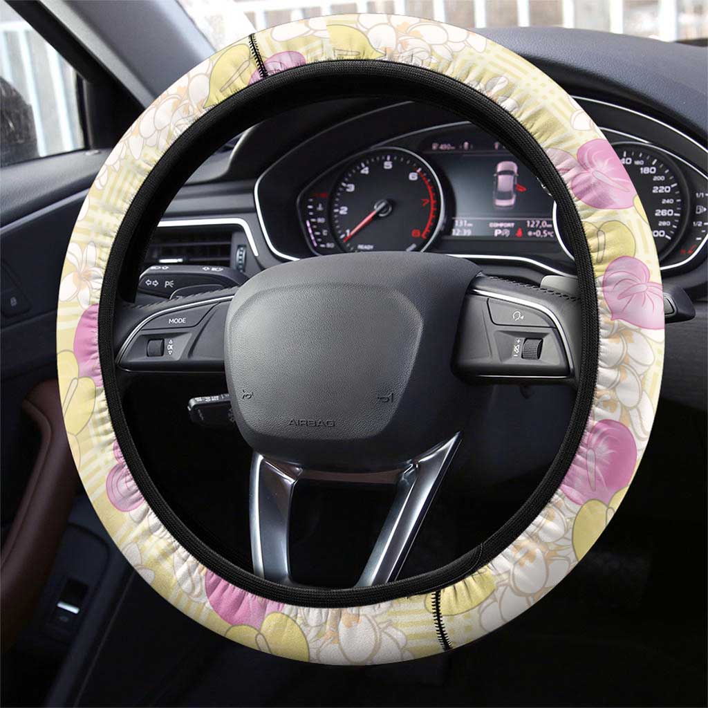 Anthurium Plumeria Lei Pastel Steering Wheel Cover Yellow Hawaiian Splendid Palaka