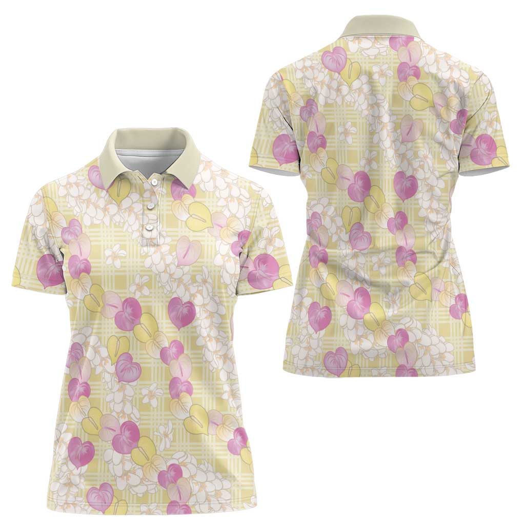 Anthurium Plumeria Lei Pastel Women Polo Shirt Yellow Hawaiian Splendid Palaka LT01 - Polynesian Pride