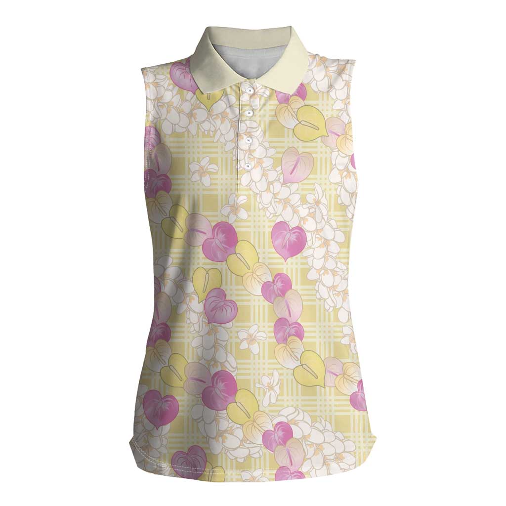 Anthurium Plumeria Lei Pastel Women Sleeveless Polo Shirt Yellow Hawaiian Splendid Palaka LT01 Female Yellow - Polynesian Pride