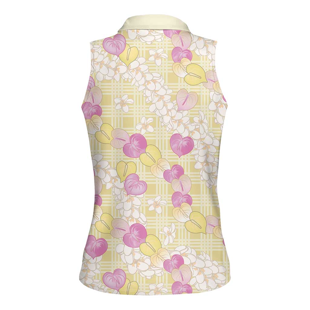 Anthurium Plumeria Lei Pastel Women Sleeveless Polo Shirt Yellow Hawaiian Splendid Palaka LT01 - Polynesian Pride