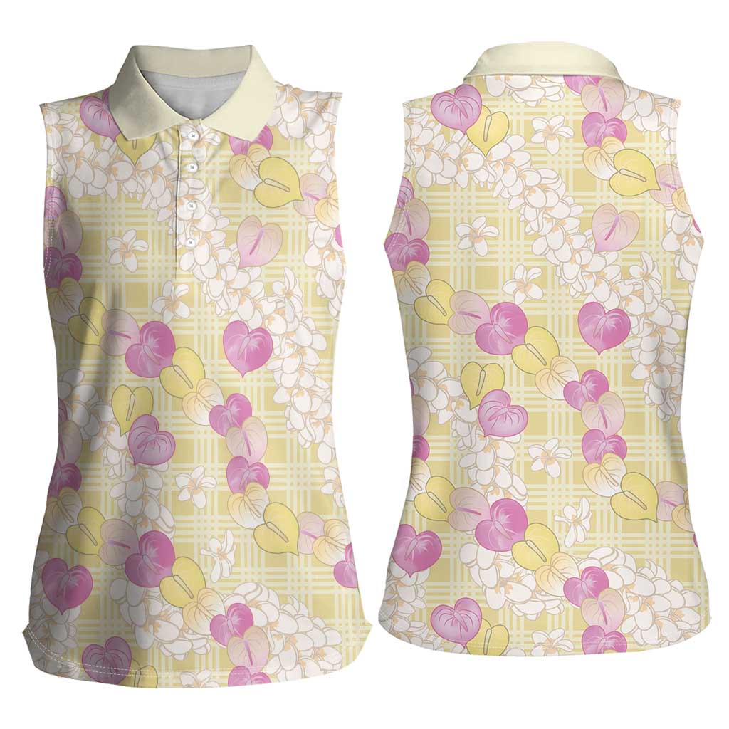 Anthurium Plumeria Lei Pastel Women Sleeveless Polo Shirt Yellow Hawaiian Splendid Palaka LT01 - Polynesian Pride