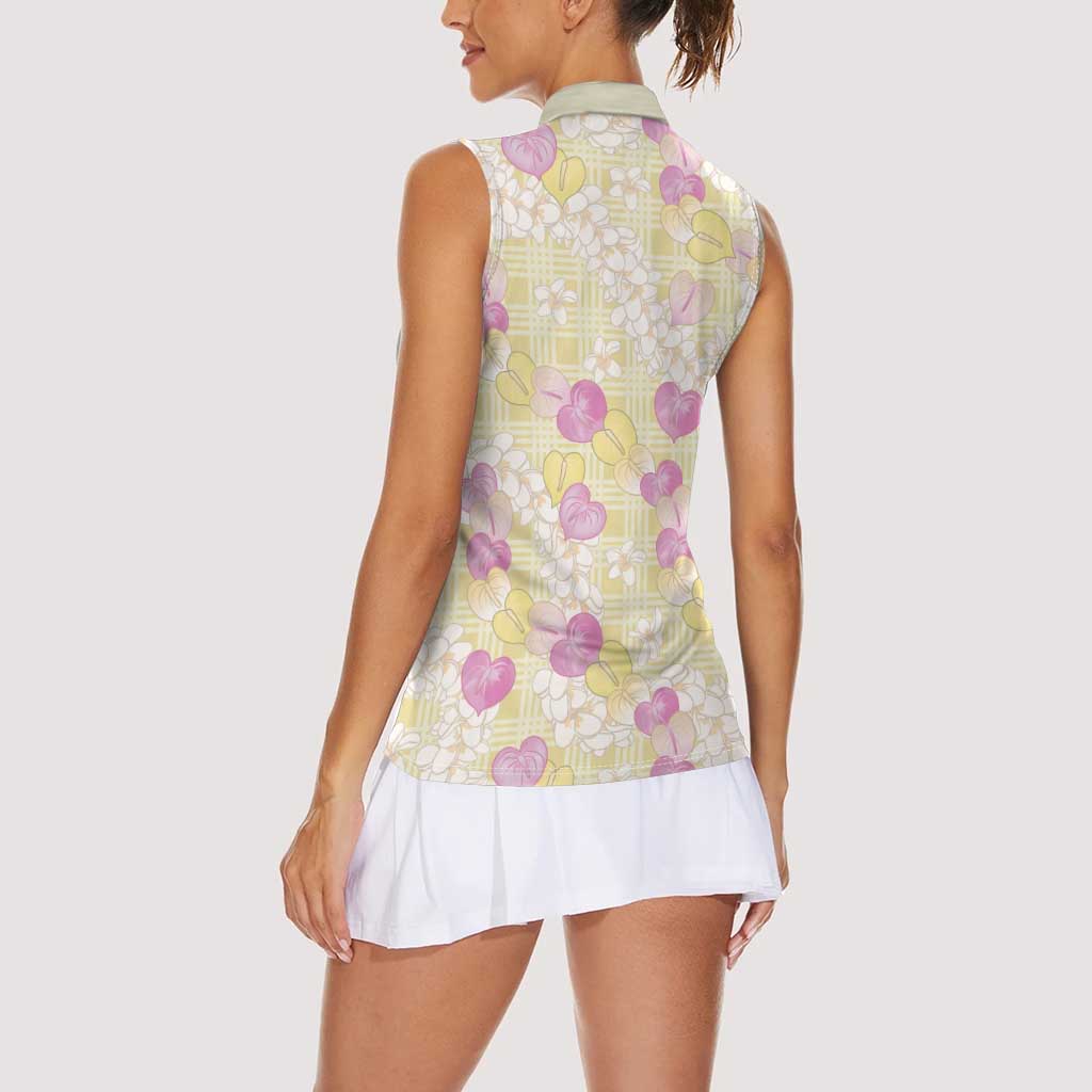Anthurium Plumeria Lei Pastel Women Sleeveless Polo Shirt Yellow Hawaiian Splendid Palaka LT01 - Polynesian Pride