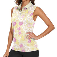 Anthurium Plumeria Lei Pastel Women Sleeveless Polo Shirt Yellow Hawaiian Splendid Palaka LT01 - Polynesian Pride
