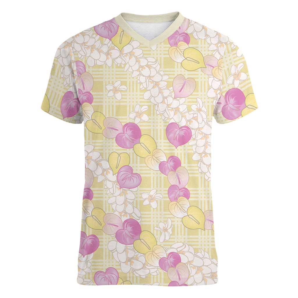 Anthurium Plumeria Lei Pastel Women V-Neck T-Shirt Yellow Hawaiian Splendid Palaka LT01 Female Yellow - Polynesian Pride